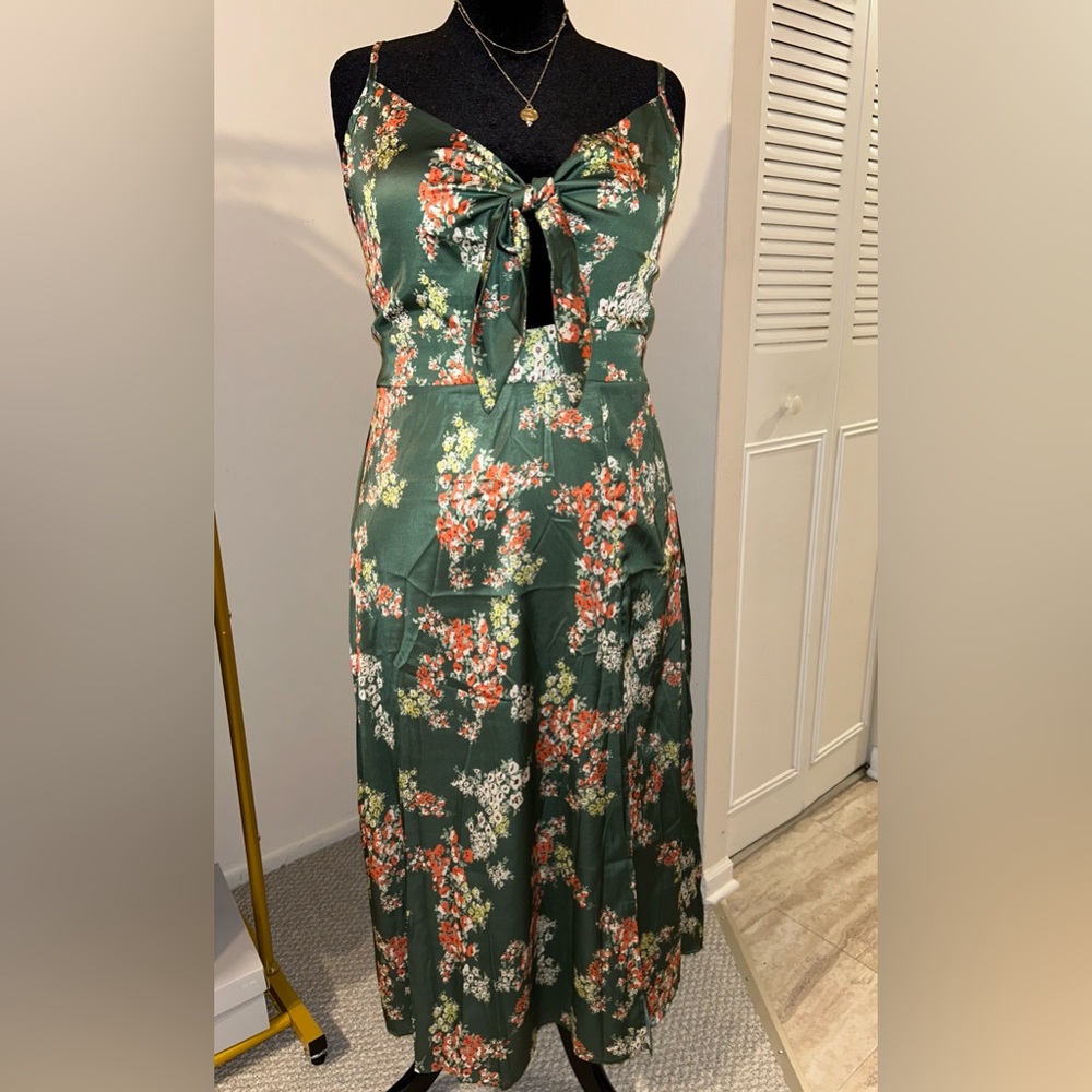 Women Spaghetti Strap Midi Satin Dresses Tie Front, Split Hollow Dress Green XL